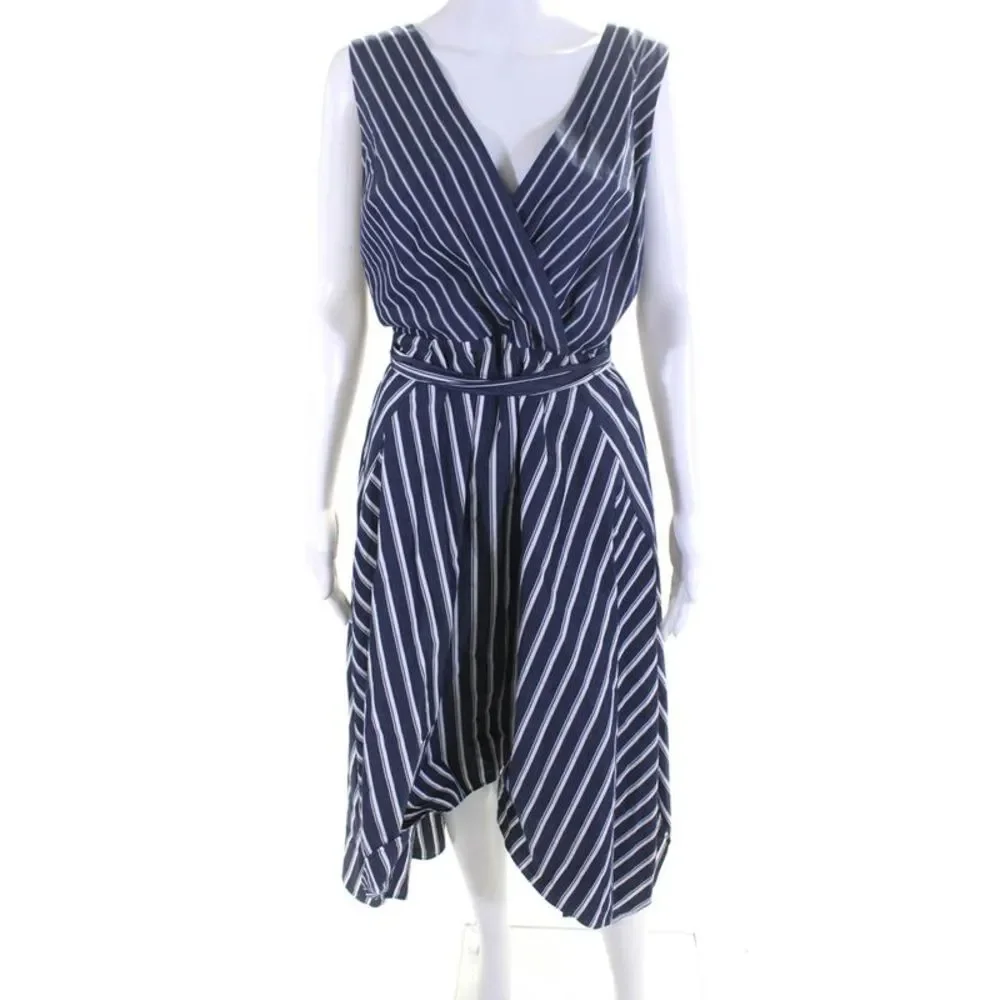 Lafayette 148 New York Womens Striped V Neck Belted A Line Dress Blue Size 10